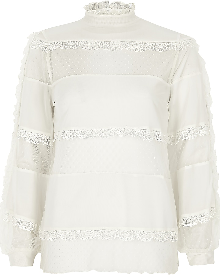 Cream lace and dobby mesh panel top
