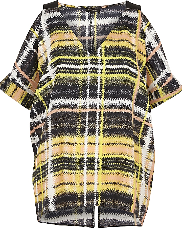 Yellow check print cold shoulder oversized to