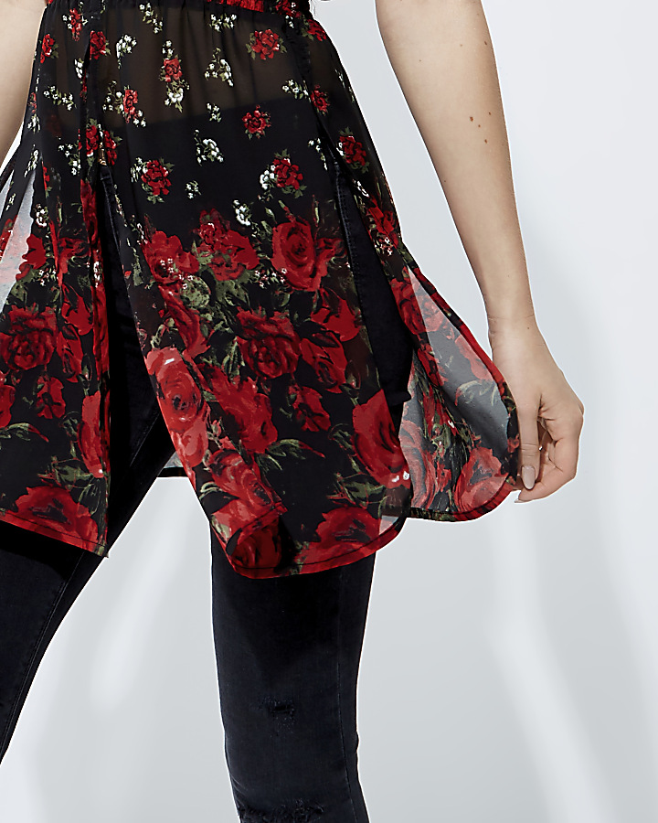 Red floral print longline frill cami top
