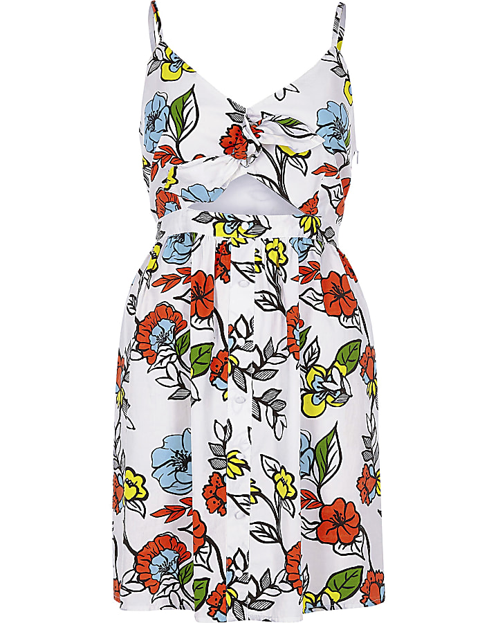 White floral cut out knot front cami dress