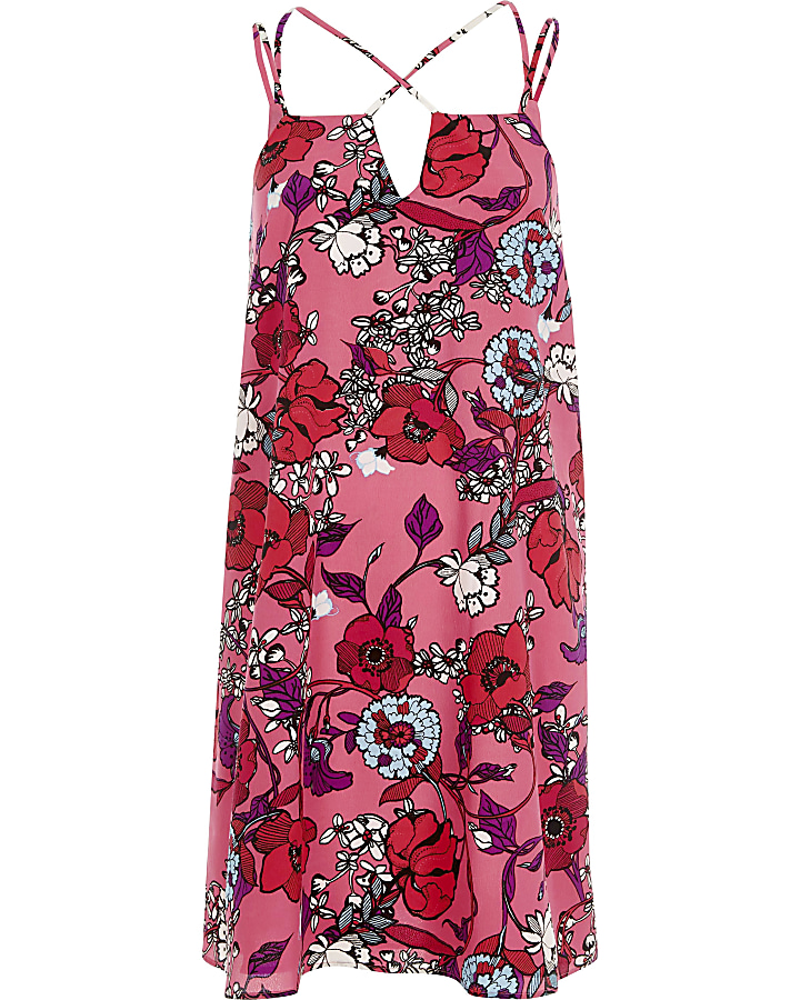 Pink floral print cross strap slip dress