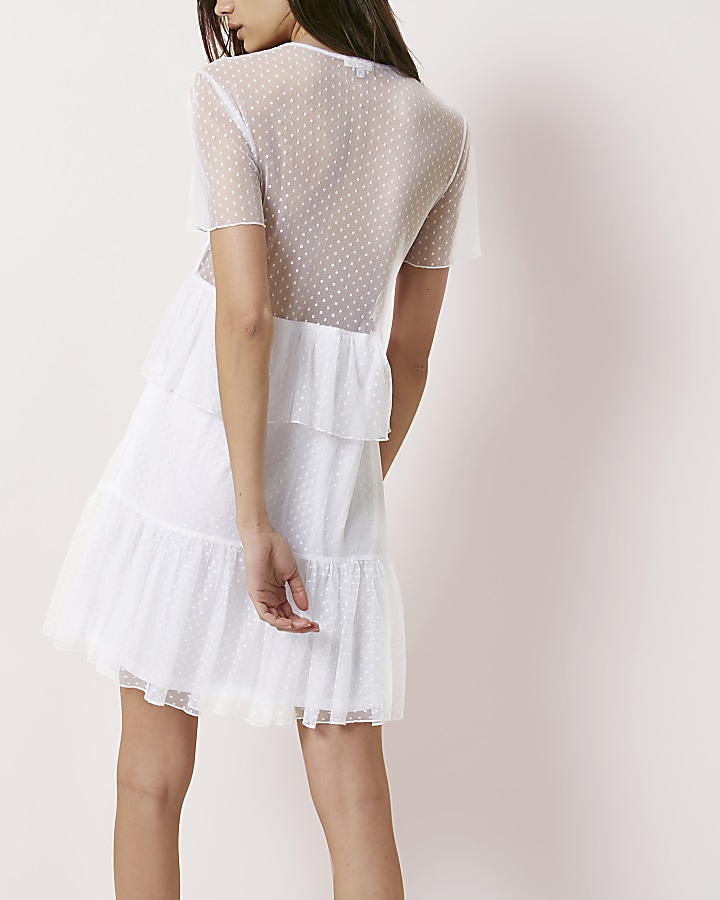 White dobby mesh tiered short sleeve dress