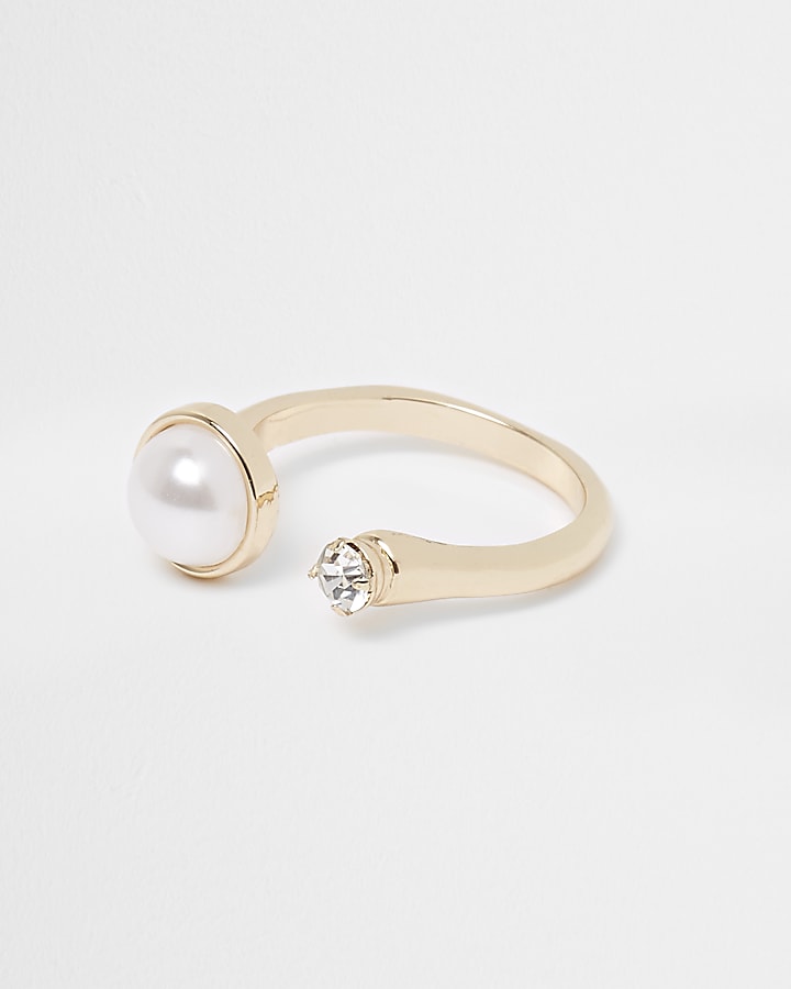 Gold tone pearl and diamante open ring