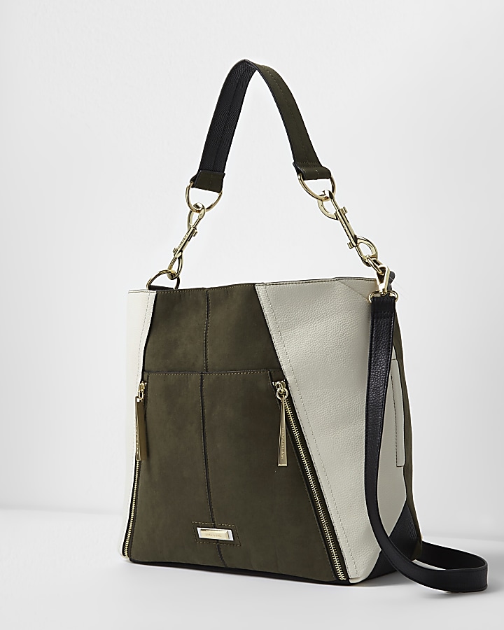 Khaki green and white slouch underarm bag