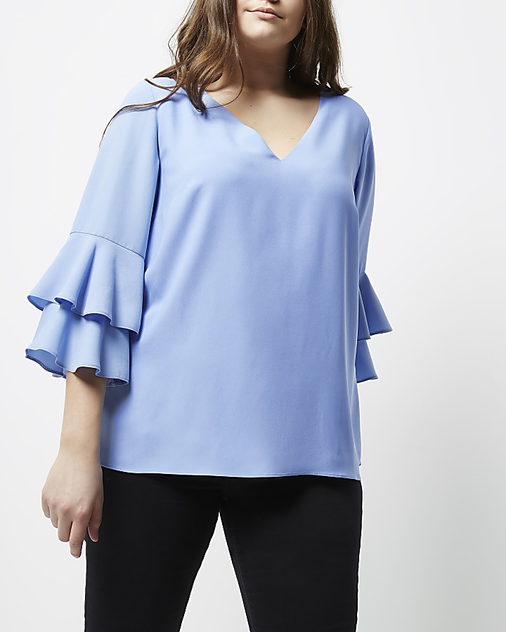 Plus light blue double bell sleeve top