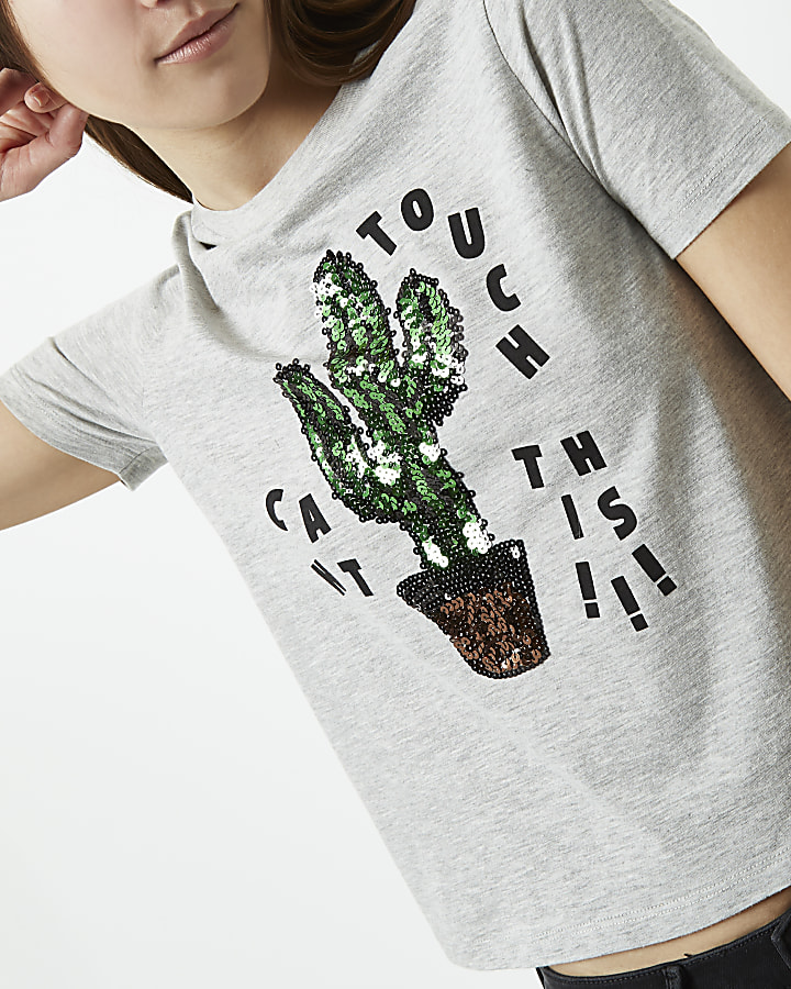 Petite grey cactus sequin print T-shirt