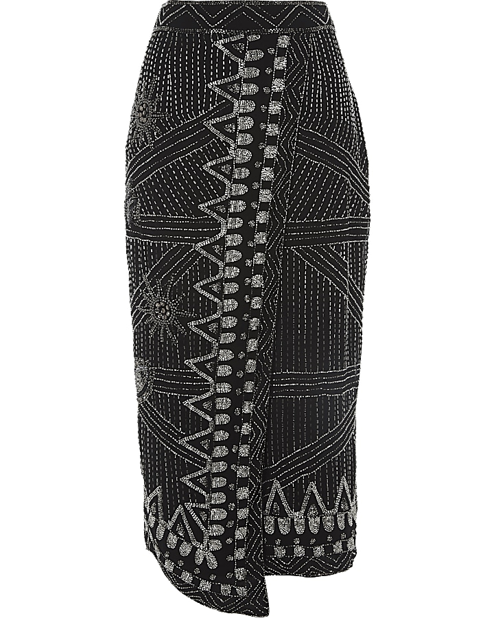 Black bead embellished wrap pencil skirt