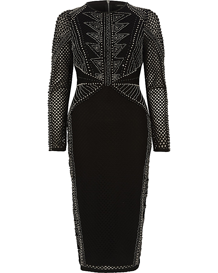 Black embellished long sleeve bodycon dress
