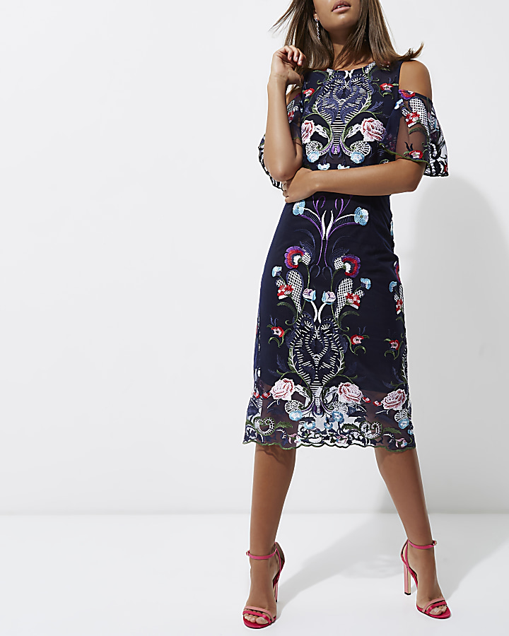 Navy floral embroidered mesh midi prom dress