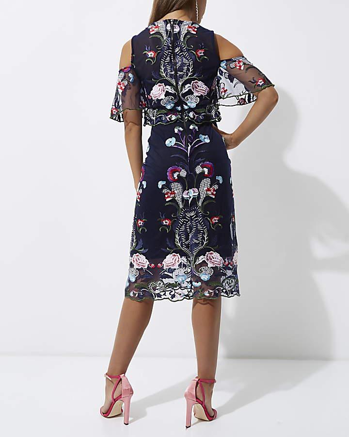 Navy floral embroidered mesh midi prom dress