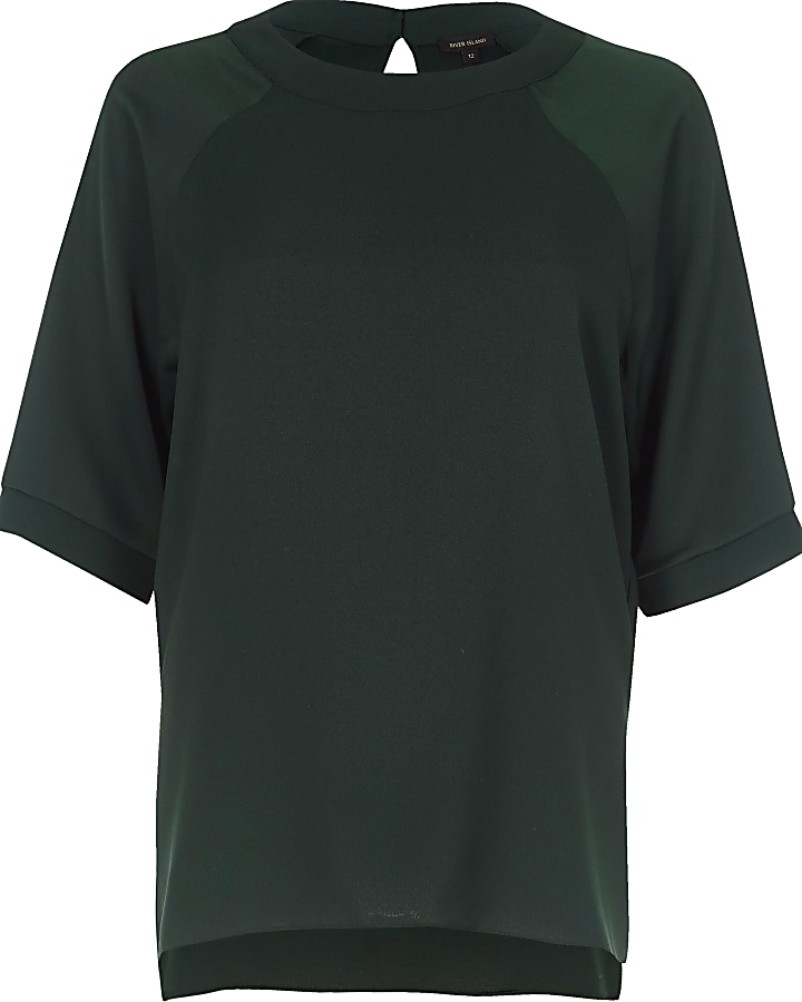 Dark green chiffon raglan sleeve T-shirt