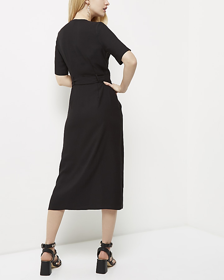 Black wrap short sleeve midi dress