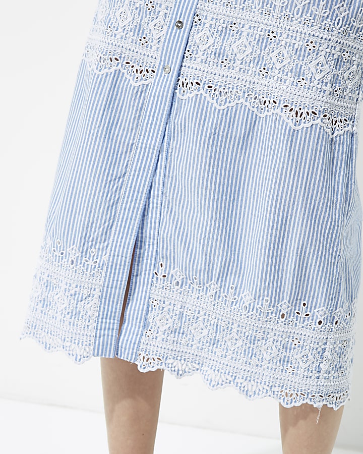Blue stripe embroidered midi skirt