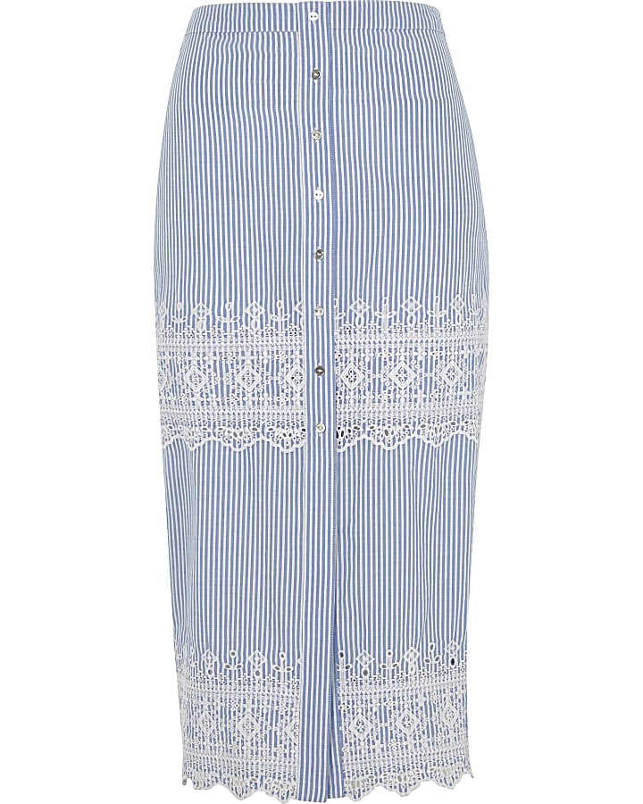 Blue stripe embroidered midi skirt