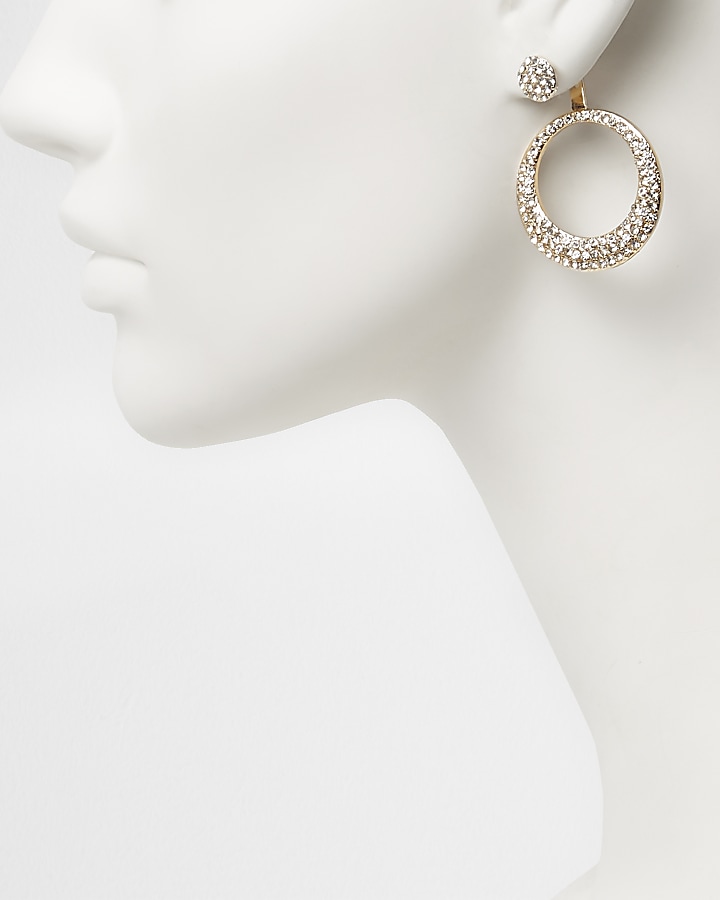 Gold tone diamante pave circle drop earrings