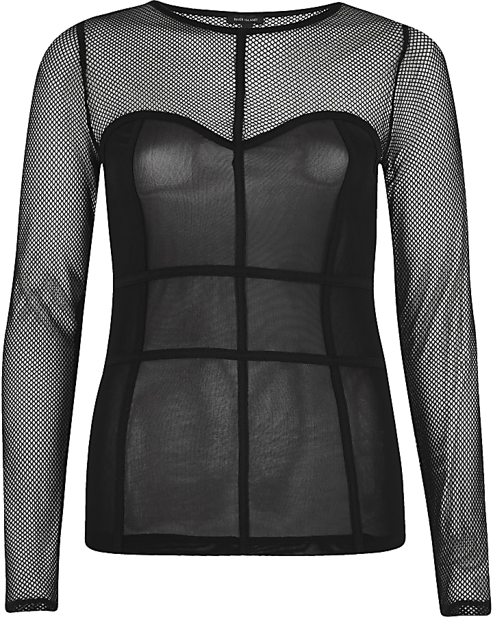 Black mesh corset seam top