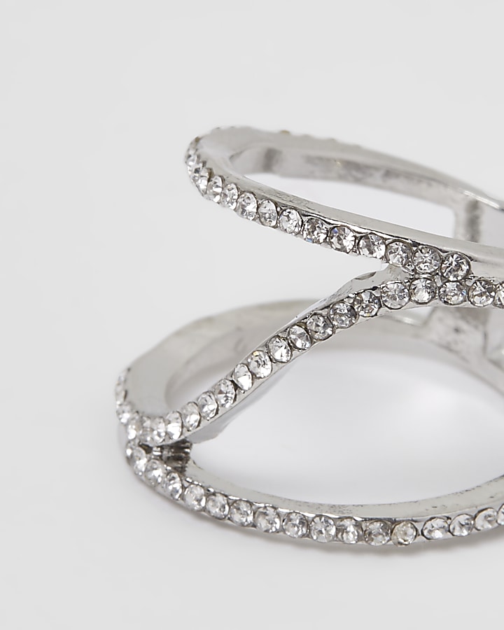 Silver tone diamante spiral ring