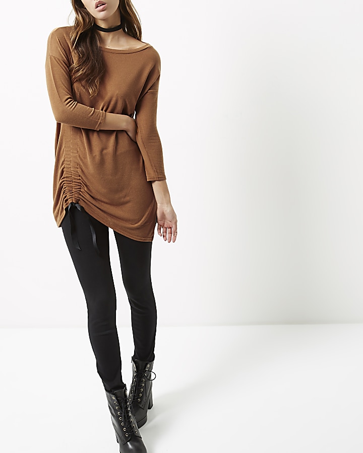 Camel ruched drawstring longline top