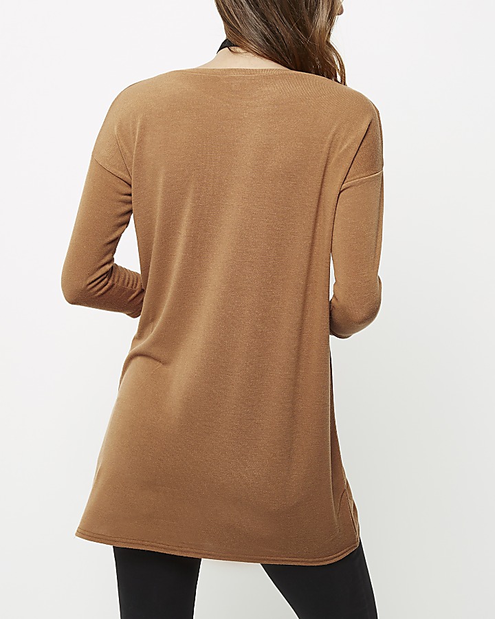 Camel ruched drawstring longline top