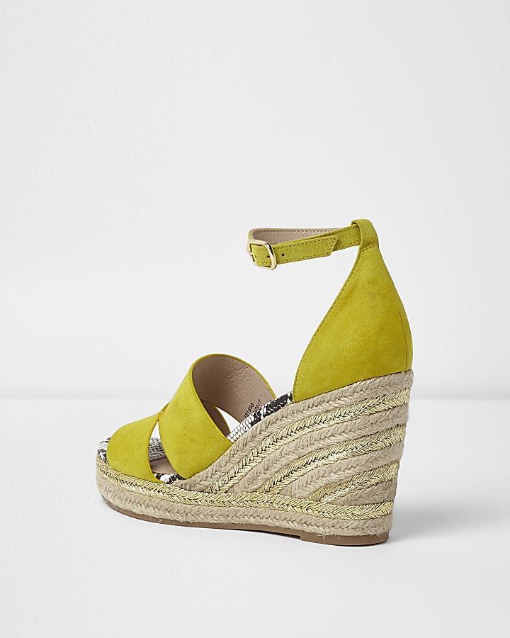 Yellow strappy espadrille wedges