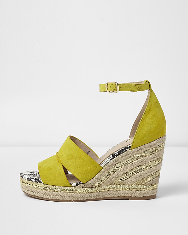 Yellow strappy espadrille wedges