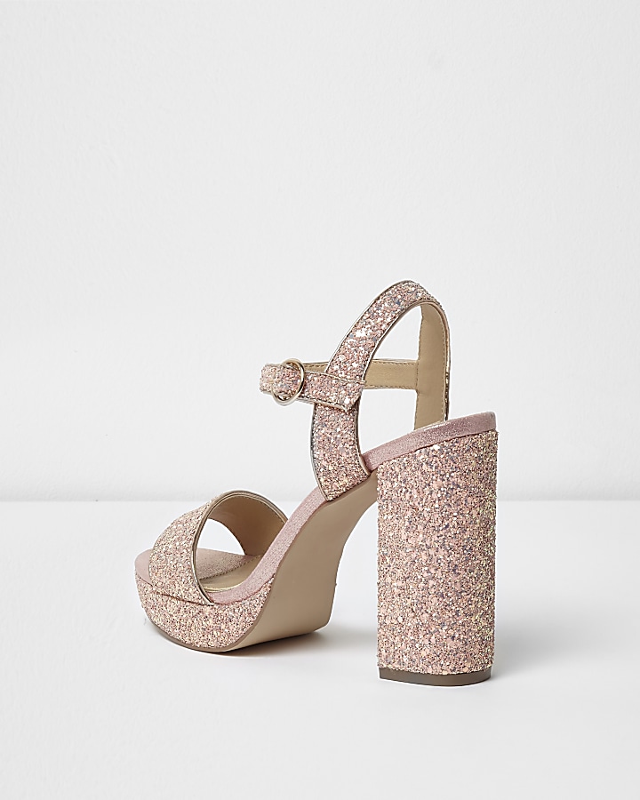 Pink glitter platform block heel sandals