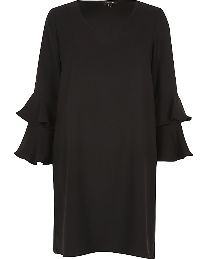 Black double frill sleeve swing dress
