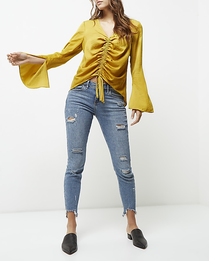 Gold ruched front split sleeve blouse