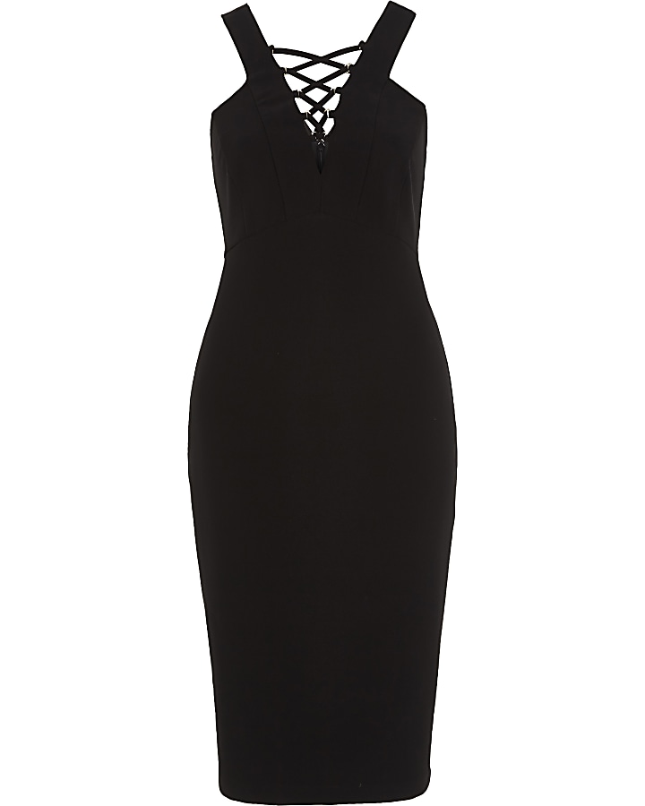 Black lace-up front sleeveless bodycon dress