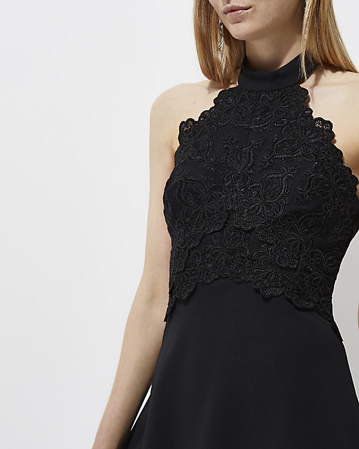 Black lace sleeveless high neck dress