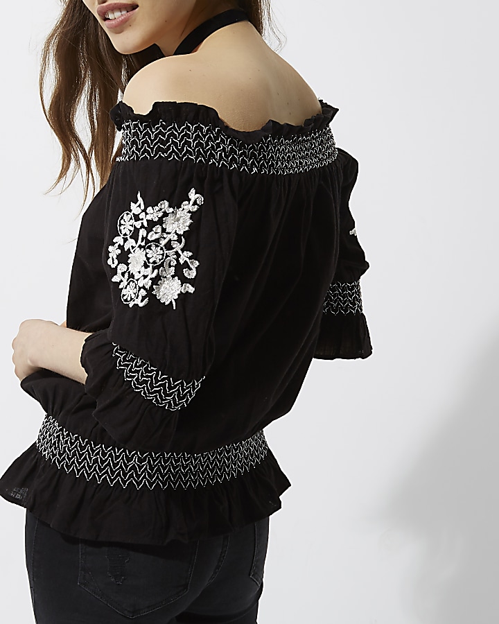 Black floral embroidered shirred bardot top