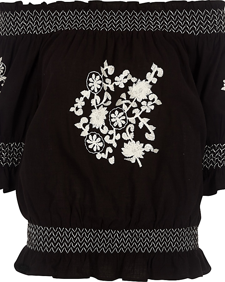 Black floral embroidered shirred bardot top