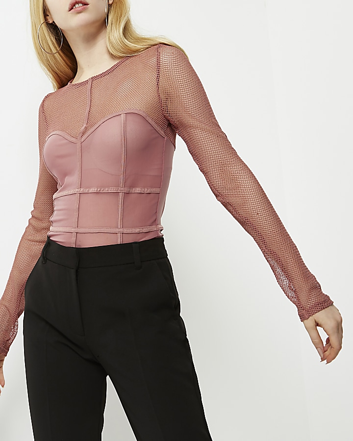 Dark pink mesh corset seam top