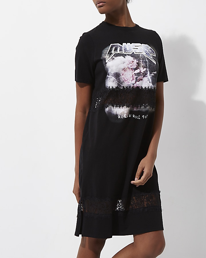 Black band print lace insert longline T-shirt