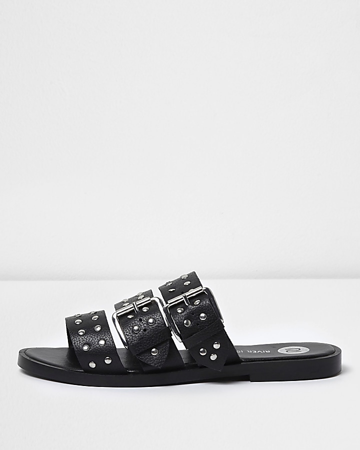 Black leather studded strap sandals
