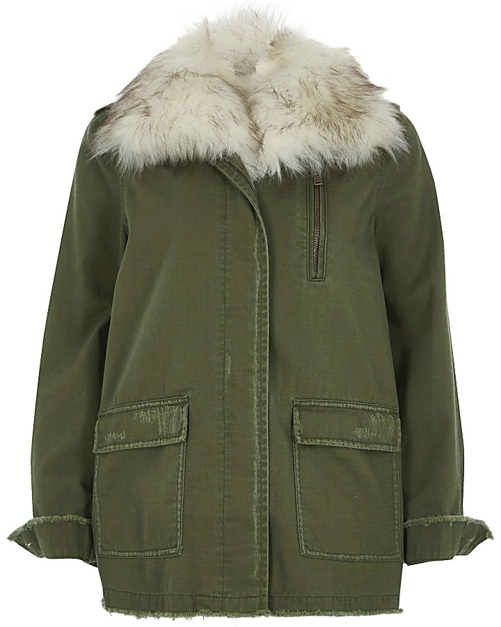 Khaki green faux fur collar army jacket