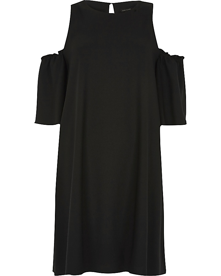 Black cold shoulder frill swing dress