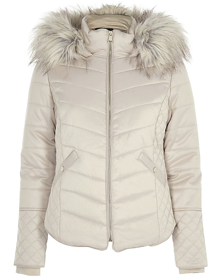 Cream quilted faux fur trim puffer jacket