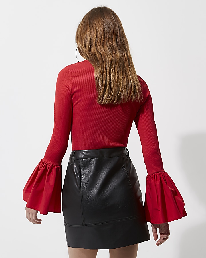 Black faux leather zip biker mini skirt