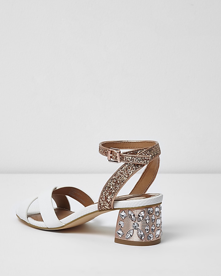 White embellished glitter block heel sandals