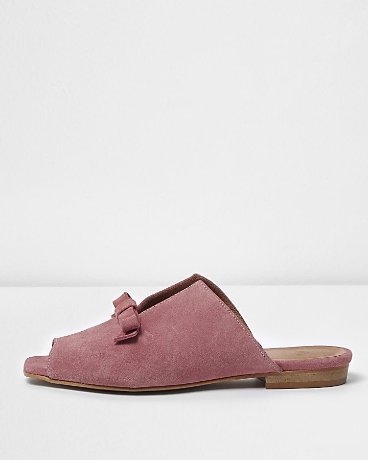 Pink suede bow mules