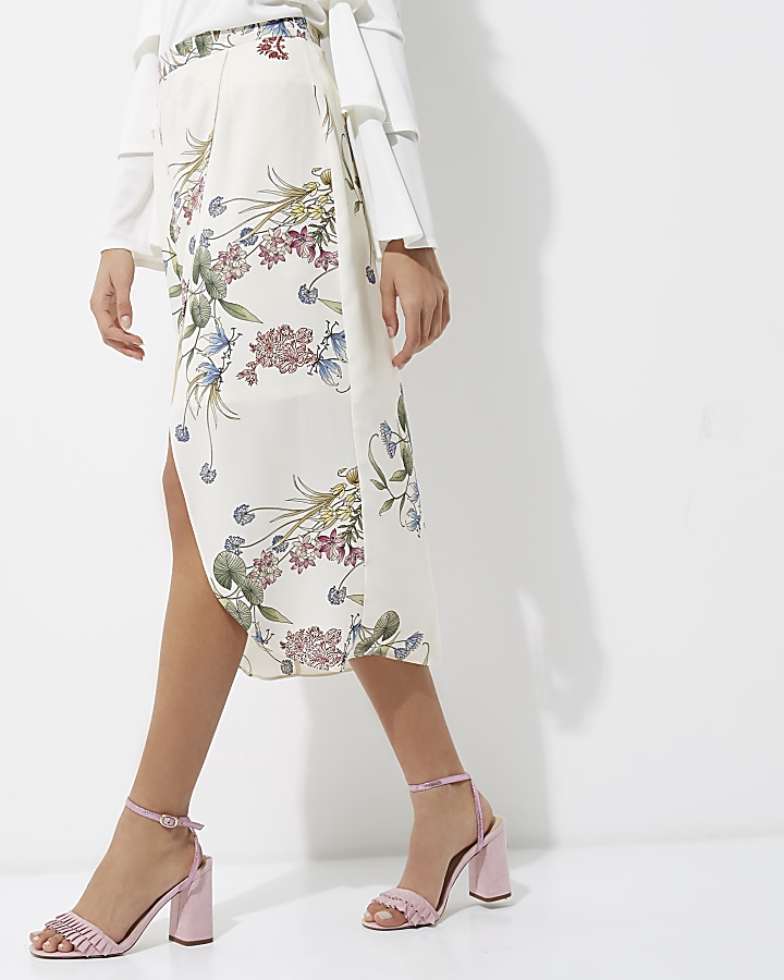 Cream floral print wrap midi skirt