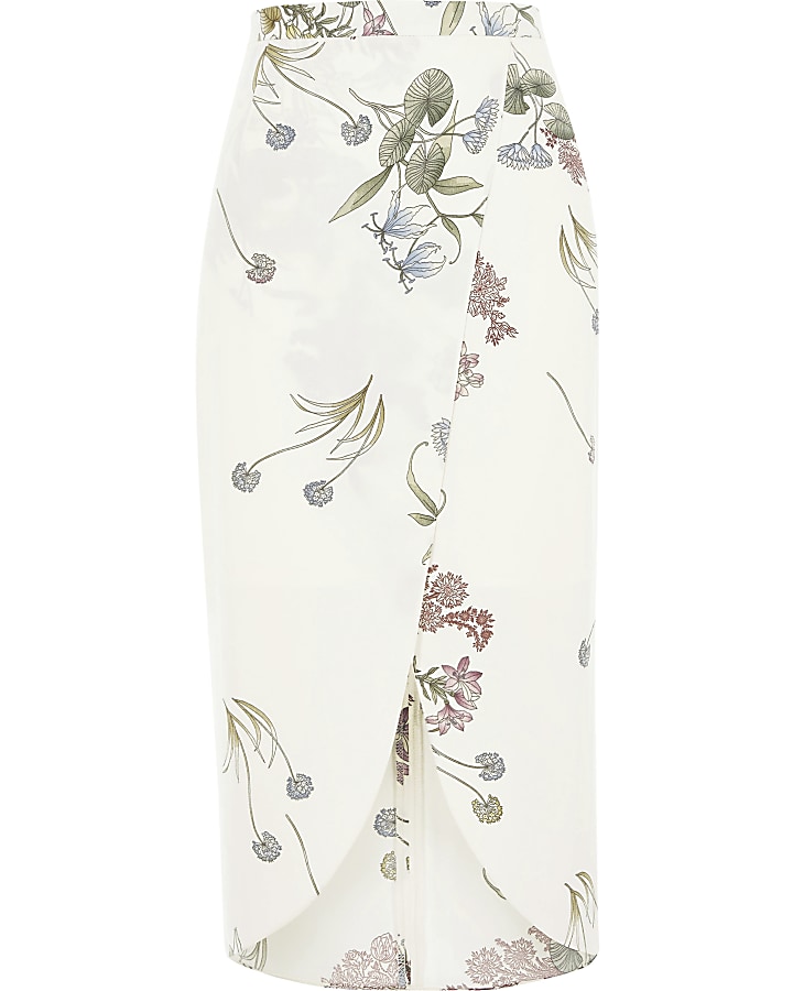 Cream floral print wrap midi skirt