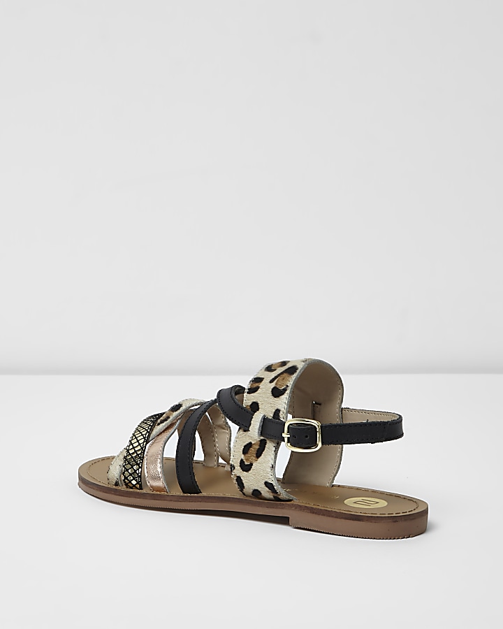 Beige leopard print strappy sandals