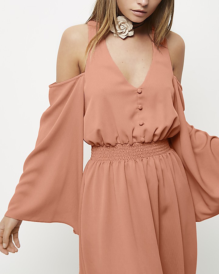 Pink cold shoulder button front dress