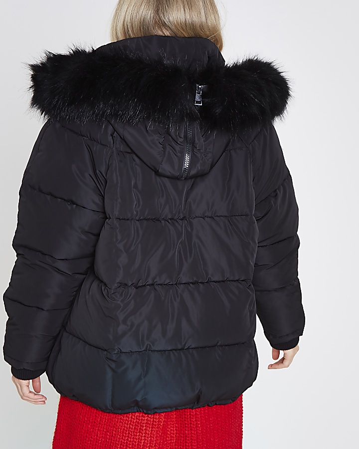 Black oversized puffer faux fur trim coat