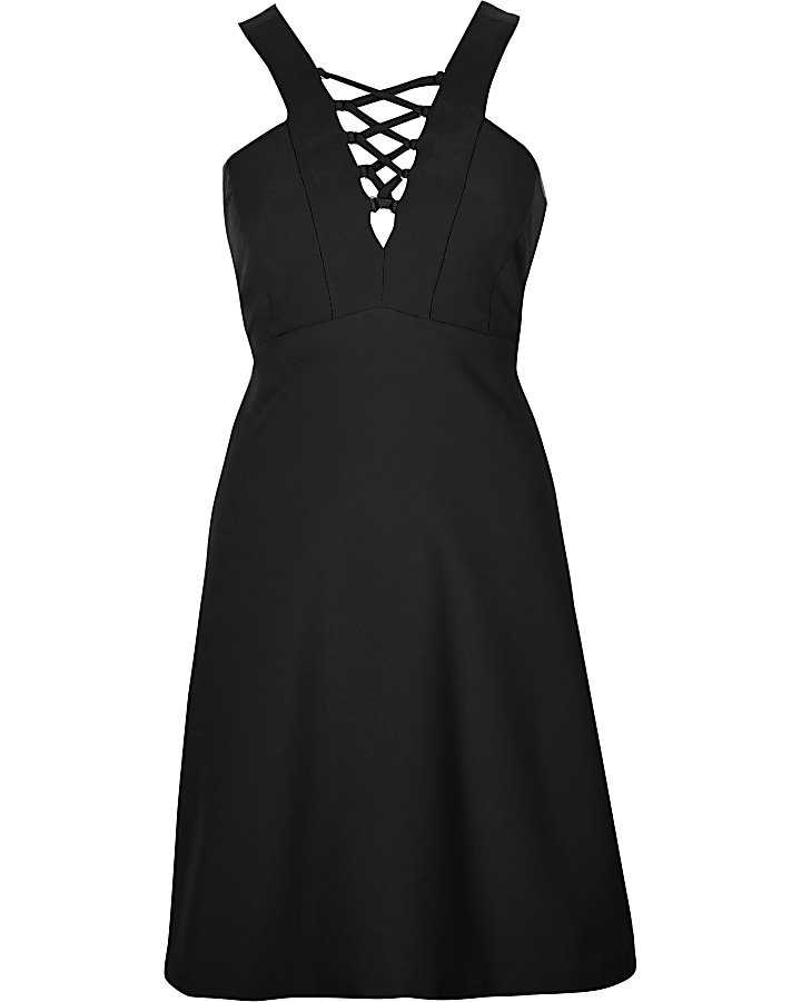 Black lace-up front skater dress
