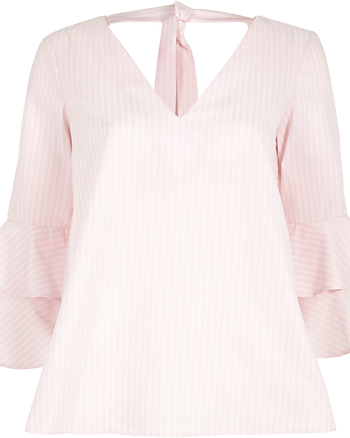 Pink stripe print double bell sleeve top