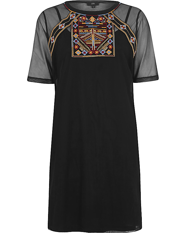 Black mesh embroidered T-shirt dress