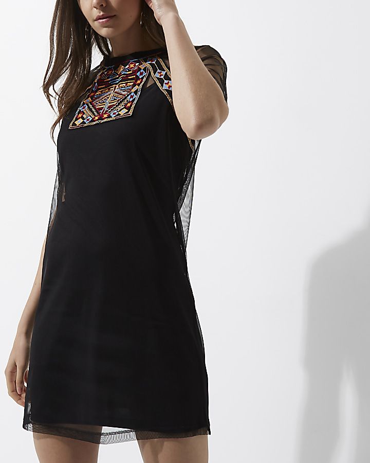 Black mesh embroidered T-shirt dress